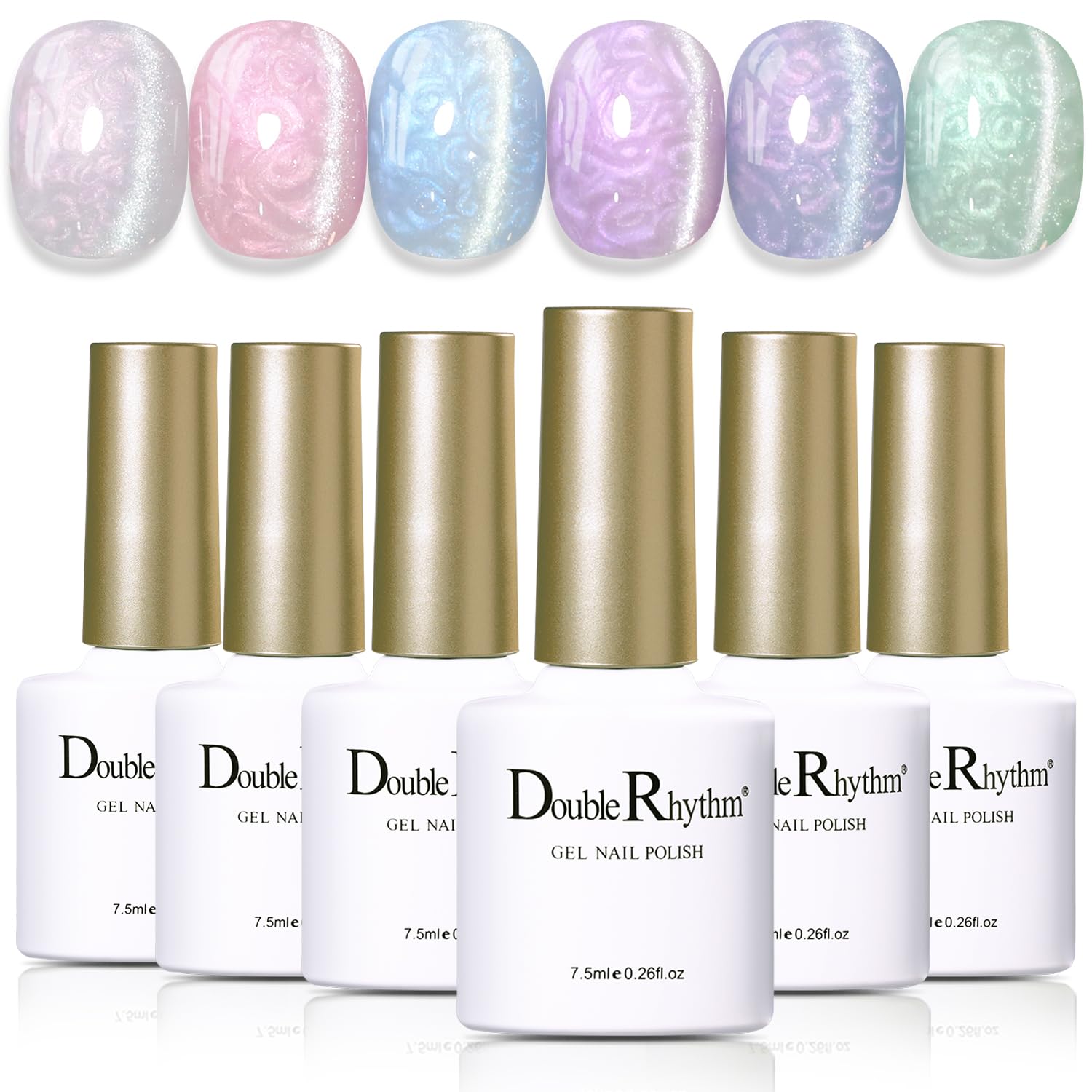 Double Rhythm Cat Eye Gel Polish Set 6 Colors Shimmer Glitter with Magnet Holographic Reflective Magnetic UV Nail Art Kit (Pearl Pink Blue Green Purple 6-Kit 44)-Velvo Beauty
