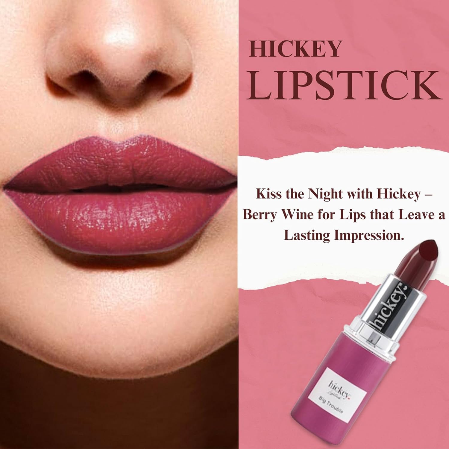 Hickey Lipstick Big Trouble Berry Wine Lipstick Refill - Hydrating & Moisturizing Shade, Lip Color for Women, Berry Lipstick Long Lasting, Gluten-Free & Vegan with Highly Pigmented-Velvo Beauty
