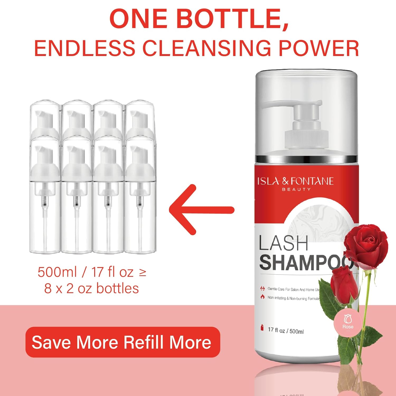 ISLA & FONTANE Lash Shampoo Bulk – Multi-Scent Series – 17 fl oz / 500ml | Gentle Eyelash Cleanser for Lash Extensions | Non-Irritating | Professional Lash Bath Foam For Salon And Home Use (Rose)-Velvo Beauty