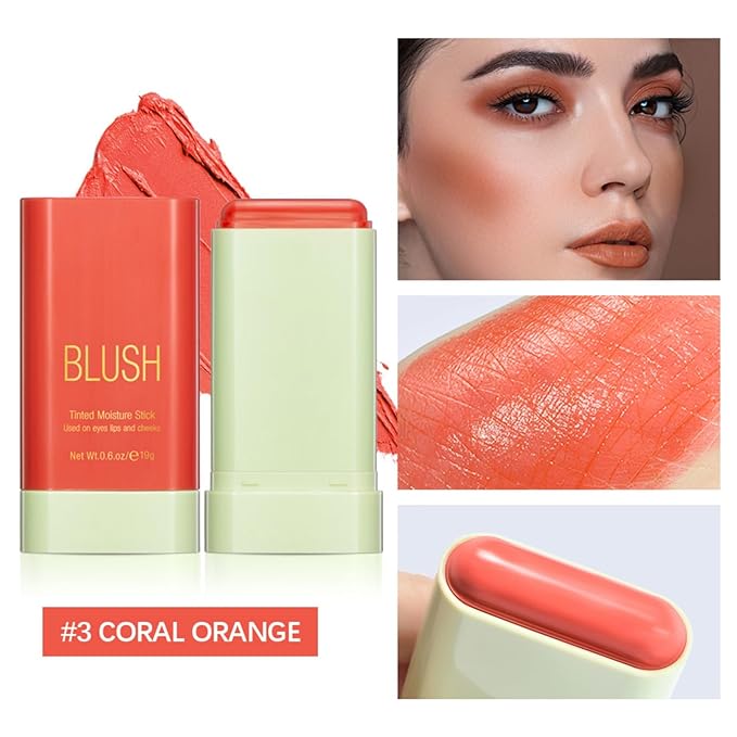 Blush Stick, Cream Blush Stick for Cheeks & Lips, Blendable Long-Lasting Multi-Use Contour Stick & Highlighter Makeup (#3 CORAL ORANGE)-Velvo Beauty