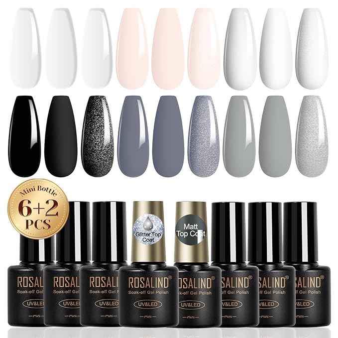 ROSALIND White Black Gel Nail Polish Set with Matte and Glitter Top Coat, 6 Colors Black Milky White Neutral Nude Grey Gel Nail Polish Soak Off Gel Nail art-Velvo Beauty