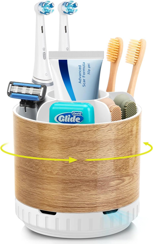 Wood Toothbrush Holders Organizers - Rotating Detachable 6 Slots Electric Toothbrush and Toothpaste Holde for Bathroom Accessories Organization Counter Vanity Sink Storage-Velvo Beauty