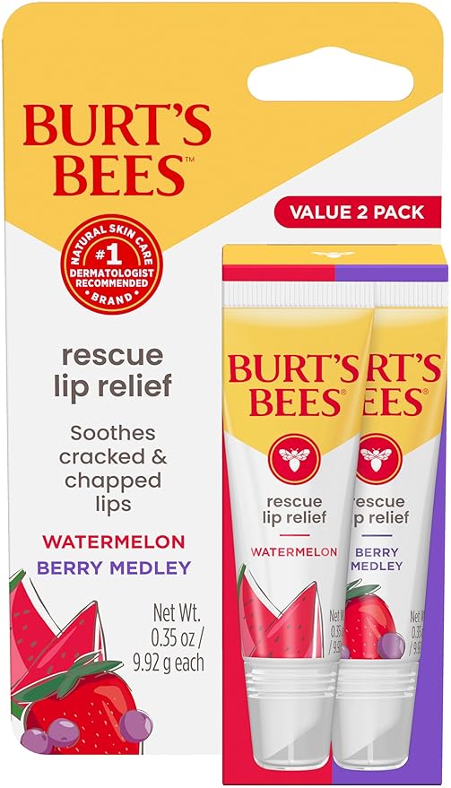 Burt's Bees Rescue Lip Relief, Watermelon & Berry Medley, Hydrating Lip Balm for Dry Cracked Lips, with Responsbily Sourced Beeswax and Shea Butter, 100% Natural Origin, 2 Pack, 0.35oz-Velvo Beauty
