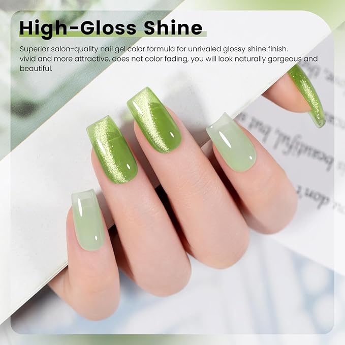 RARJSM Green Jelly Glass Gel Nail Polish Set 6pcs Clear Crytal Army Dark Jade Sage Green Transparent Sheer Amber Series Milky Diamond Cat Eye Gel Varnish LED UV Curing Requires-Velvo Beauty