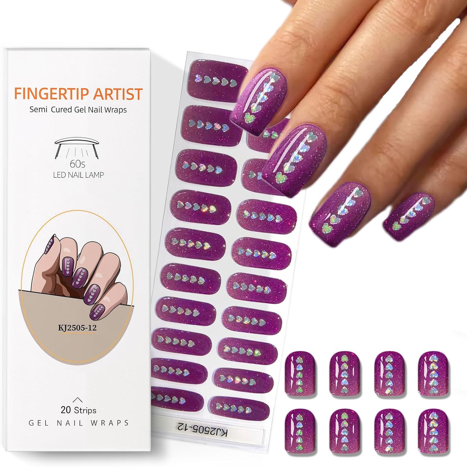 Semi Cured Gel Nail Strips with Heart/Love Designs Gel nail stickers Purple Glitter Nail strips stickers Salon Quality & Easy to Use 20 Pcs for Women-Velvo Beauty