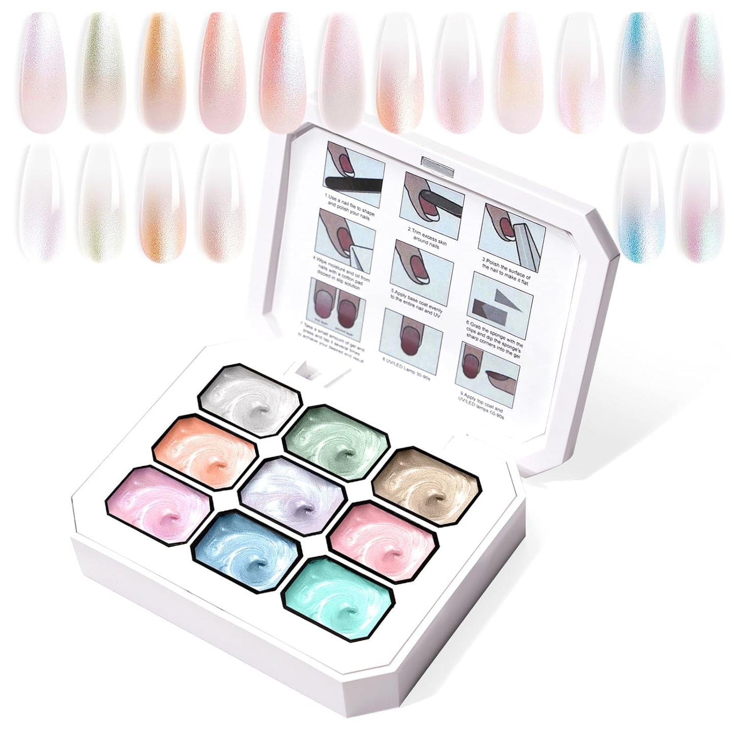 Gradient Painting Gel, 9 Colors Pearlescent Ombre Gel Nail Polish for Pigment Pat Aura Nails French Manicure Long-lasting No-wipe Soak Off UV Treasure of Pearl-Velvo Beauty