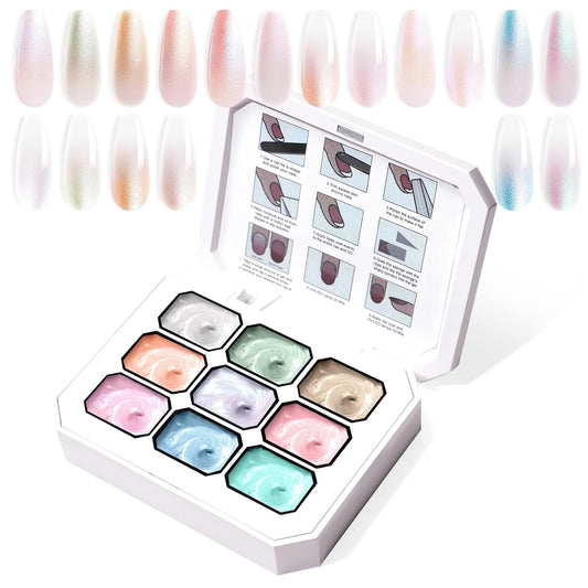 Gradient Painting Gel, 9 Colors Pearlescent Ombre Gel Nail Polish for Pigment Pat Aura Nails French Manicure Long-lasting No-wipe Soak Off UV Treasure of Pearl-Velvo Beauty
