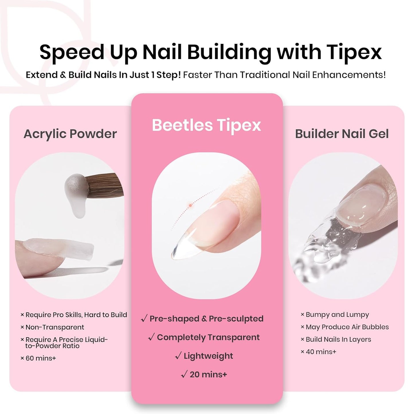 Beetles Tipex Gel Nail Kit, Medium Almond Nail Tips 224 Pcs 16 Sizes Pre-Building Pre-Etched False Nail Tips with Tipex Nail Glue, Mini Nail Lamp Thick Acrylic Nail Set Halloween Nails-Velvo Beauty