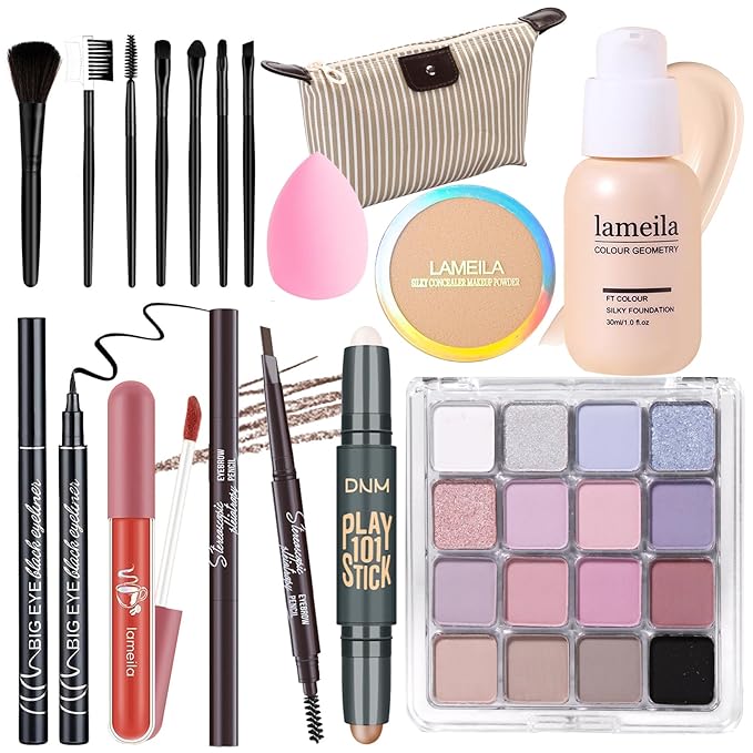 Makeup Set Full Kit for Girls Teens Women, Makeup Present Set, Includes Eyeshadow, Foundation, Blusher, Eyebrow Pencil, Mascara, Eyeliner, Brushes, Lip Gloss, Sponge, Cosmetic Bag-Velvo Beauty