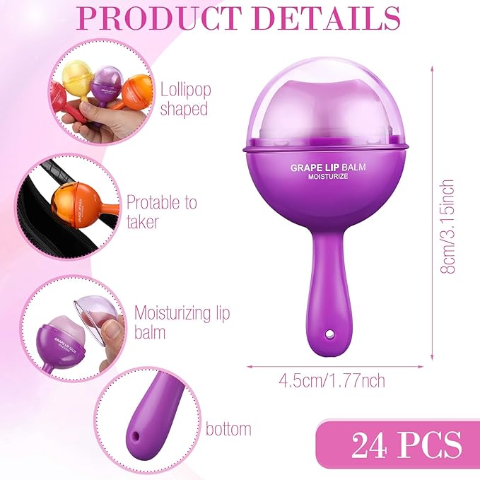 24 Pcs Lollipop Lip Balm Bulk Lip Balm Cherry Grape Orange Honey Taste Lip Balm Lip Care Gift for Women Soothing Moisturizing Lip Balms for Dry Chapped Lips Office Business Favors-Velvo Beauty