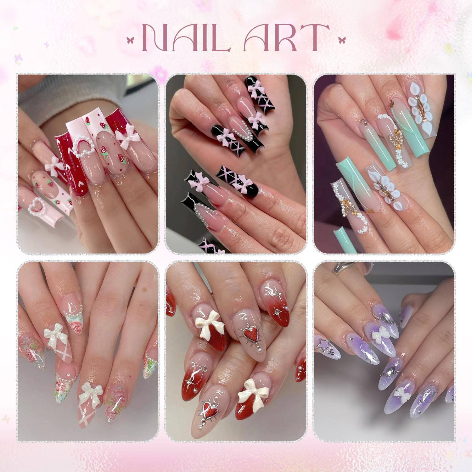 3D Nail Charms and Gems Set 10 with Rhinestone Glue, 20PCS Chunky Butterfly Charms + 60PCS Nail Bows in 2 Styles + 3D Flowers with Crystals, Pearls, Diamonds, and Picker Tools for Y2K Nail Decor-Velvo Beauty