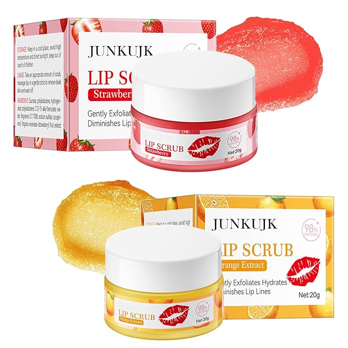 2PCS Strawberry & Orange Conditioning Lip Scrub Kit,Moisturizing Lip Sleeping Mask Long Lasting Hydrating Lip Scrubber Exfoliator Lip Care Products for Men & Women-Velvo Beauty