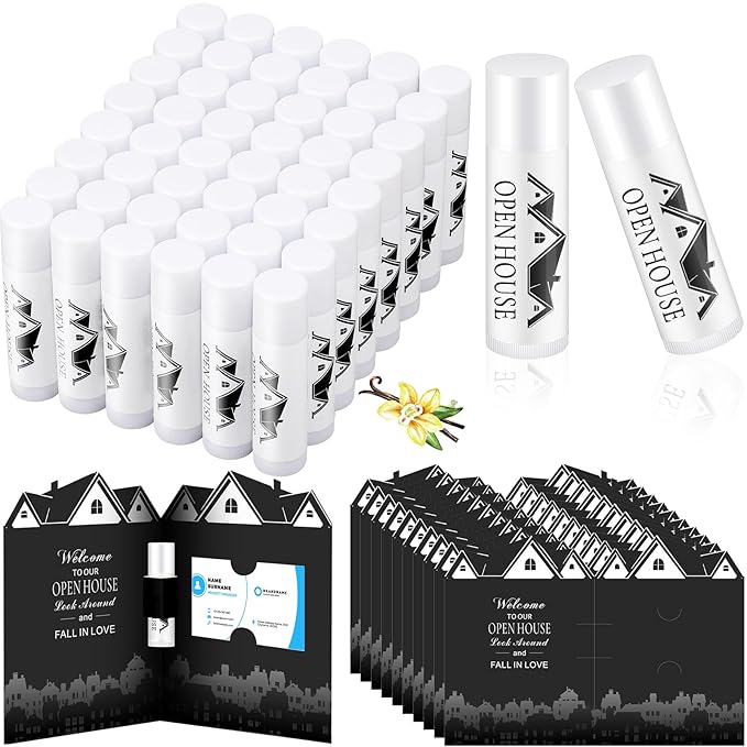 50 Pcs Open House Lip Balm with Cards Real Estate Agent Supplies Lip Moisturizer Moisturizing Lip Balm Bulk Moisturizing Lip Balm Stick for Open House Business Advertising Events-Velvo Beauty