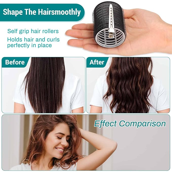 Acejoz Hair Rollers for Blowout Look, 38 Pcs Self Grip Hair Rollers Set with 4 Sizes, 12 Pcs Hair Clips, Comb and Storage Bag for Hair Volume (Black)-Velvo Beauty