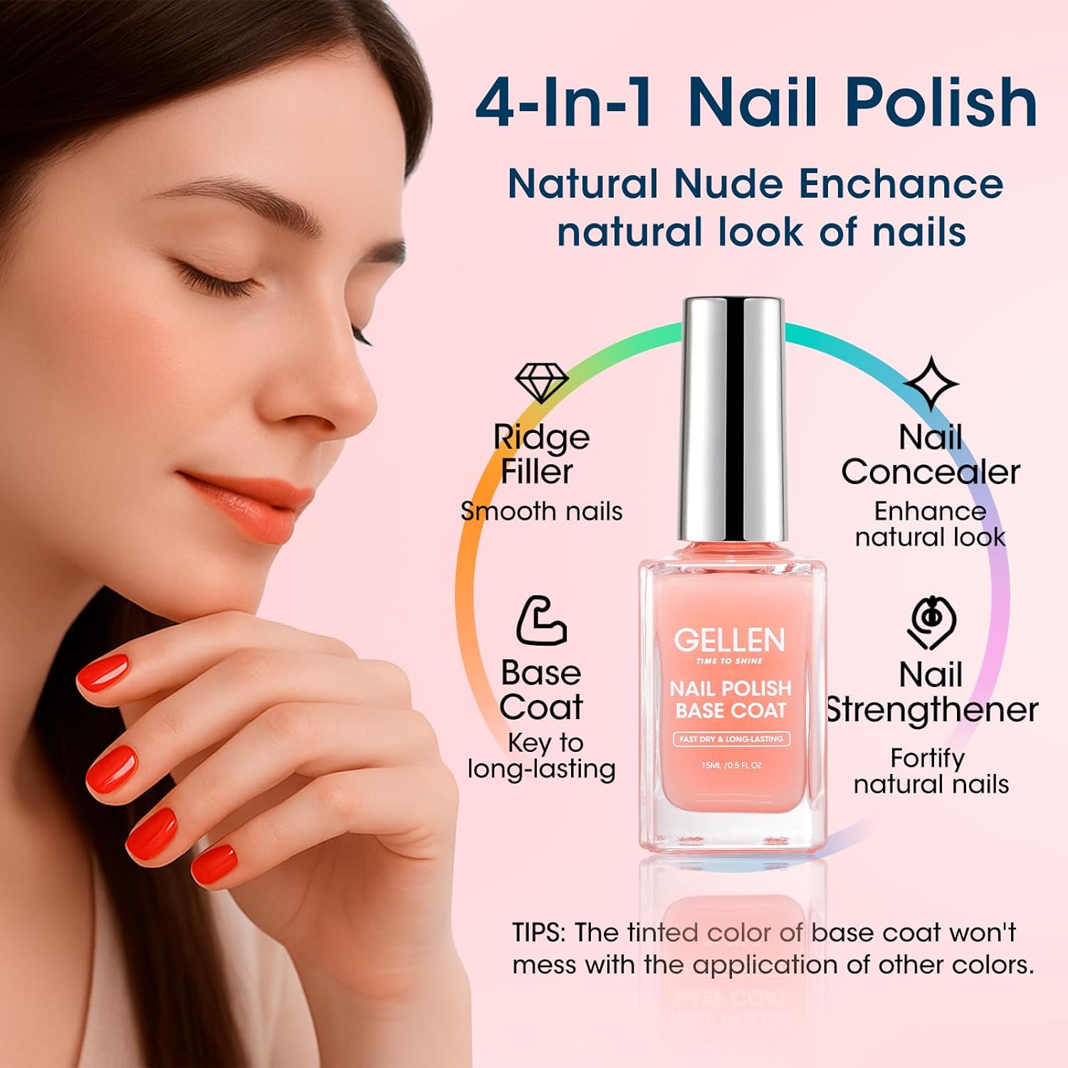 GELLEN Clear Nail Polish Base Coat Sheer Tinted Nude, Natural Color Regular Nail Polish, Calcium Formula Strengthens Nails, Enhances Natural Look, Quick Air Dry, Anti-Yellowing, Hema Free, Non-toxic-Velvo Beauty