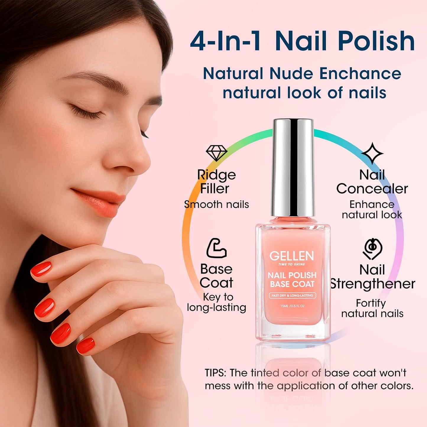 Gellen Clear Nail Polish Base Top Coat, No Wipe Shine Top Coat & 4-In-1 Tinted Nude Base Coat Strengthens Nails - Calcium, Quick Dry Natural Color Regular Nail Polish, Not UV Gel, Hema Free, Non-toxic-Velvo Beauty