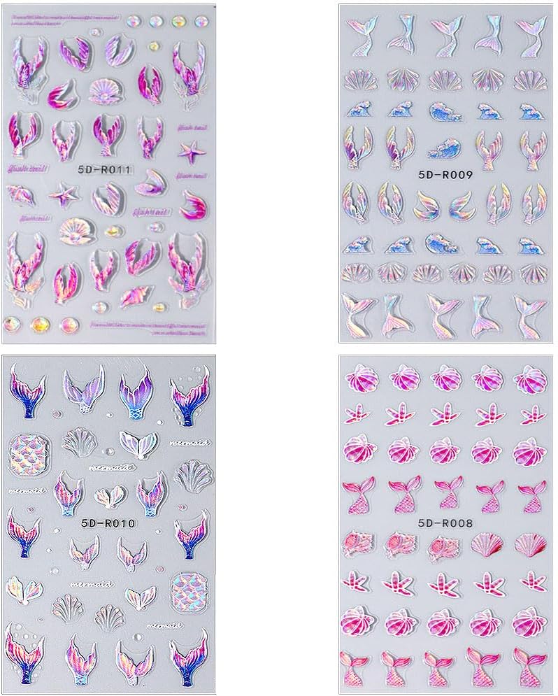 5D Dreamy Mermaid Tail Nail Stickers Summer Nail Decals 5D Embossed Laser Mermaid Nail Art Stickers Sea Wave Fishtail Shellfish Starfish Nail Design Stickers Self Adhsive Ocean Stickers for Nails DIY-Velvo Beauty