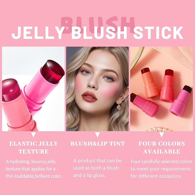 4 Pcs Jelly Blush Stick,Sheer Lip & Cheek Stain Makeup Cooling Water Jelly Tint, Multiple Use Long Lasting Jelly Texture Non-Stick Blush for Cheeks, Pigmented Waterproof Makeup Blush-Velvo Beauty