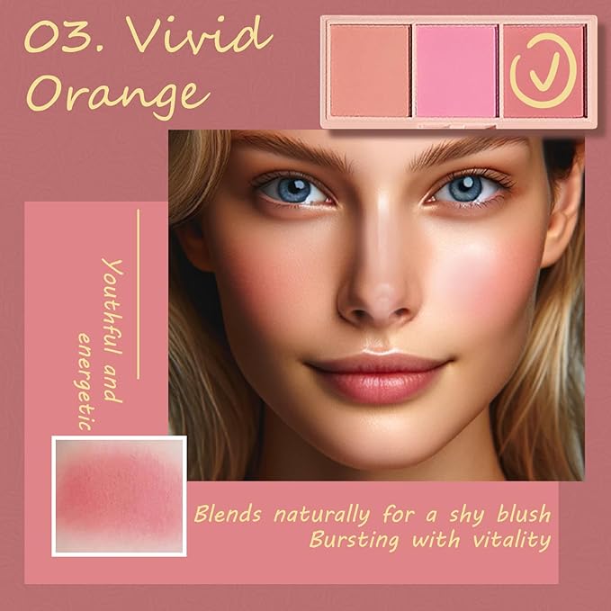 3 Color Matte Pink Blush Palette with Brush, Long Lasting Cheek Makeup, Smooth and Light Blush Powder for Face Beauty-Velvo Beauty