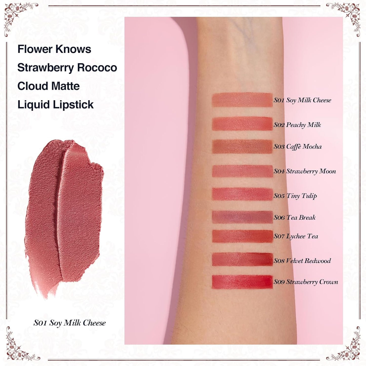 Flower Knows Strawberry Rococo Cloud Lip Cream,Velvety Matte Liquid Lipstick,Nude Lipstick,Long Lasting Lip Stain,Kiss-proof Blurred Lipstick for Girls&Women,0.12 Fl Oz(S01 Soy Milk Cheese)-Velvo Beauty