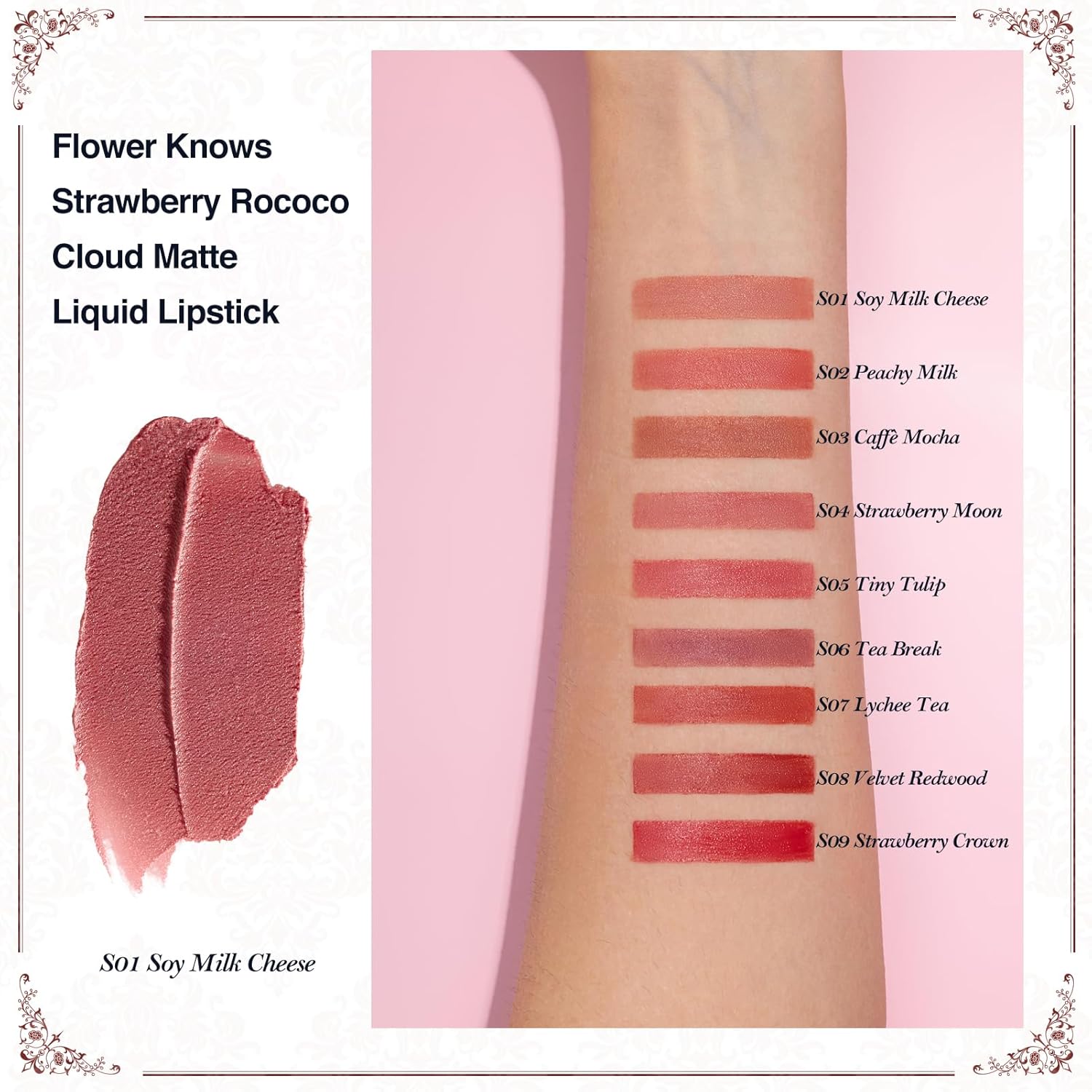 Flower Knows Strawberry Rococo Cloud Lip Cream,Velvety Matte Liquid Lipstick,Nude Lipstick,Long Lasting Lip Stain,Kiss-proof Blurred Lipstick for Girls&Women,0.12 Fl Oz(S01 Soy Milk Cheese)-Velvo Beauty