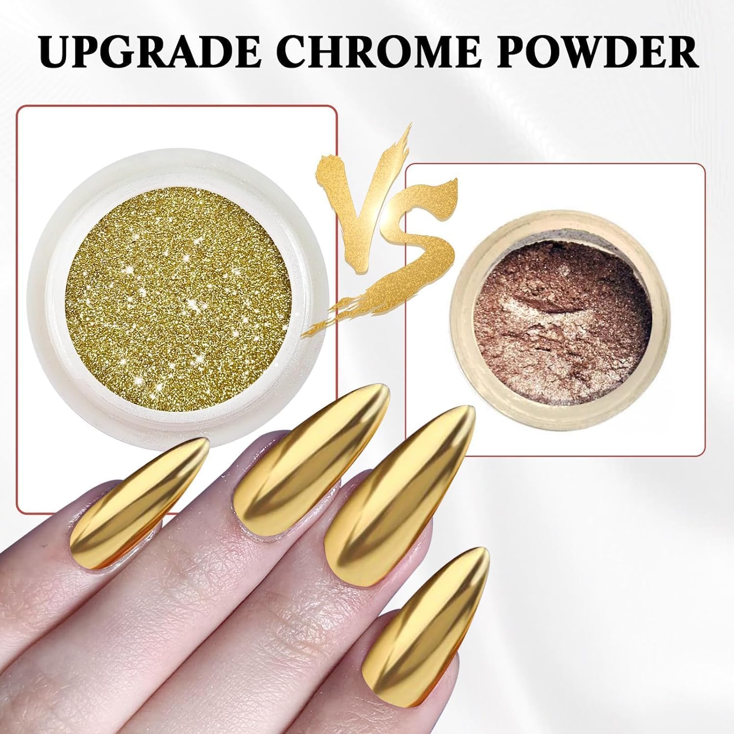 2 Jars Chrome Nail Powder：Mirror Effect Gold Chrome Nail Powder,Metallic Mirror Silver Chrome Powders Decoration for DIY Nail Art,Pigment Holo chrome powder with 4 Eyeshadow Sticks-Velvo Beauty