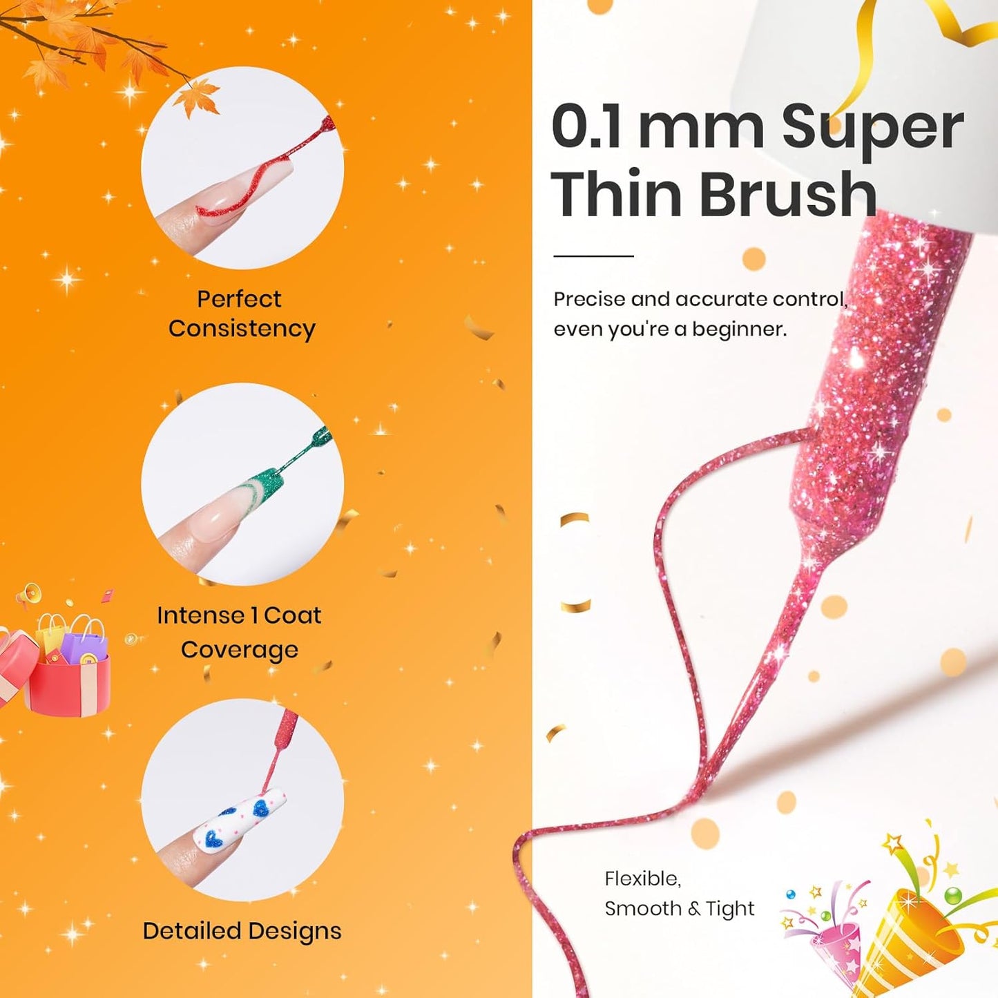 Beetles Nail Art Gel Liner Polish 12 Colors Reflective Glitter Gel Nail Polish, Gold Silver Pink Blue Purple Brown Black Kit Soak Off Uv Nail Art Design Set Summer Manicure Gifts for Women-Velvo Beauty