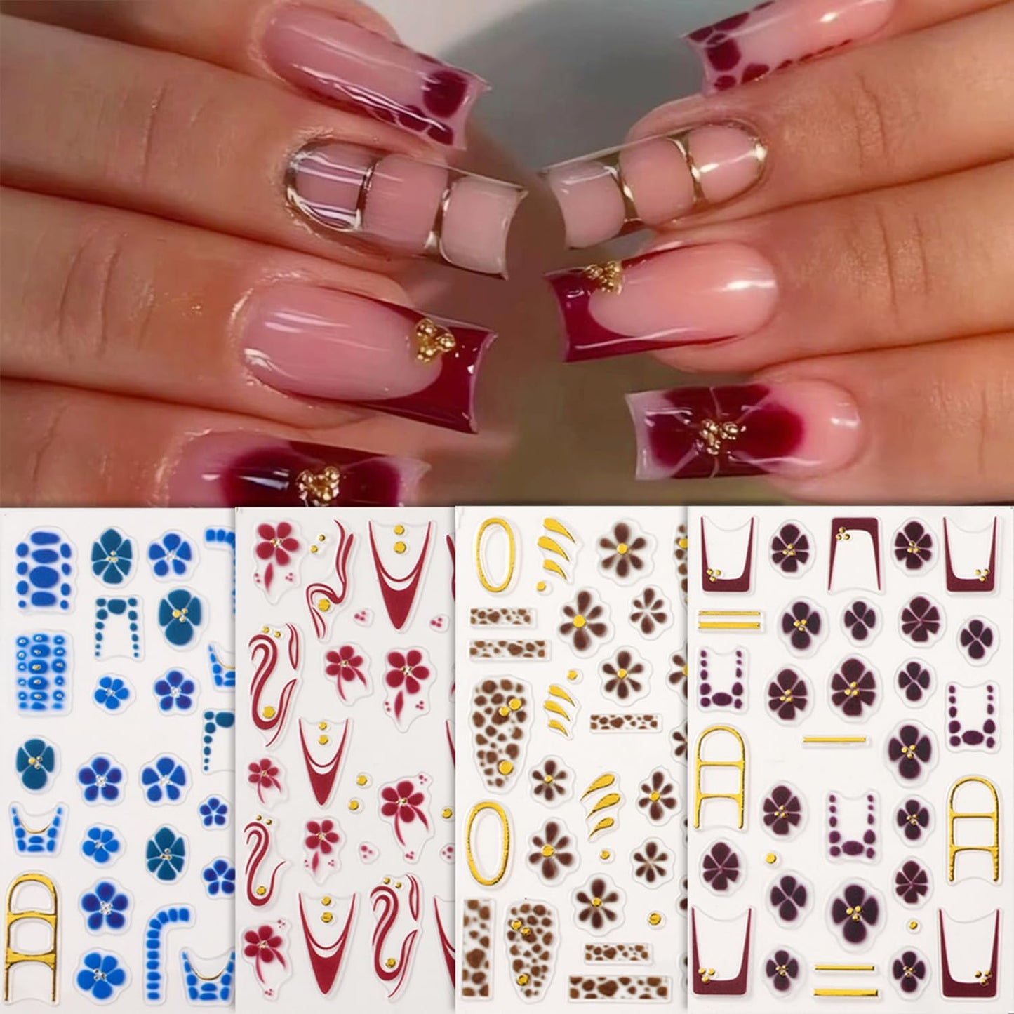 5 Sheets Autumn Winter Flower Nail Art Stickers 3D Self-Adhesive Nails Stickers Floral Strawberry Daisy Pattern French Tip Design Wine Red Brown Blue Gold 3D Decals Women DIY Nail Art Decoration-Velvo Beauty