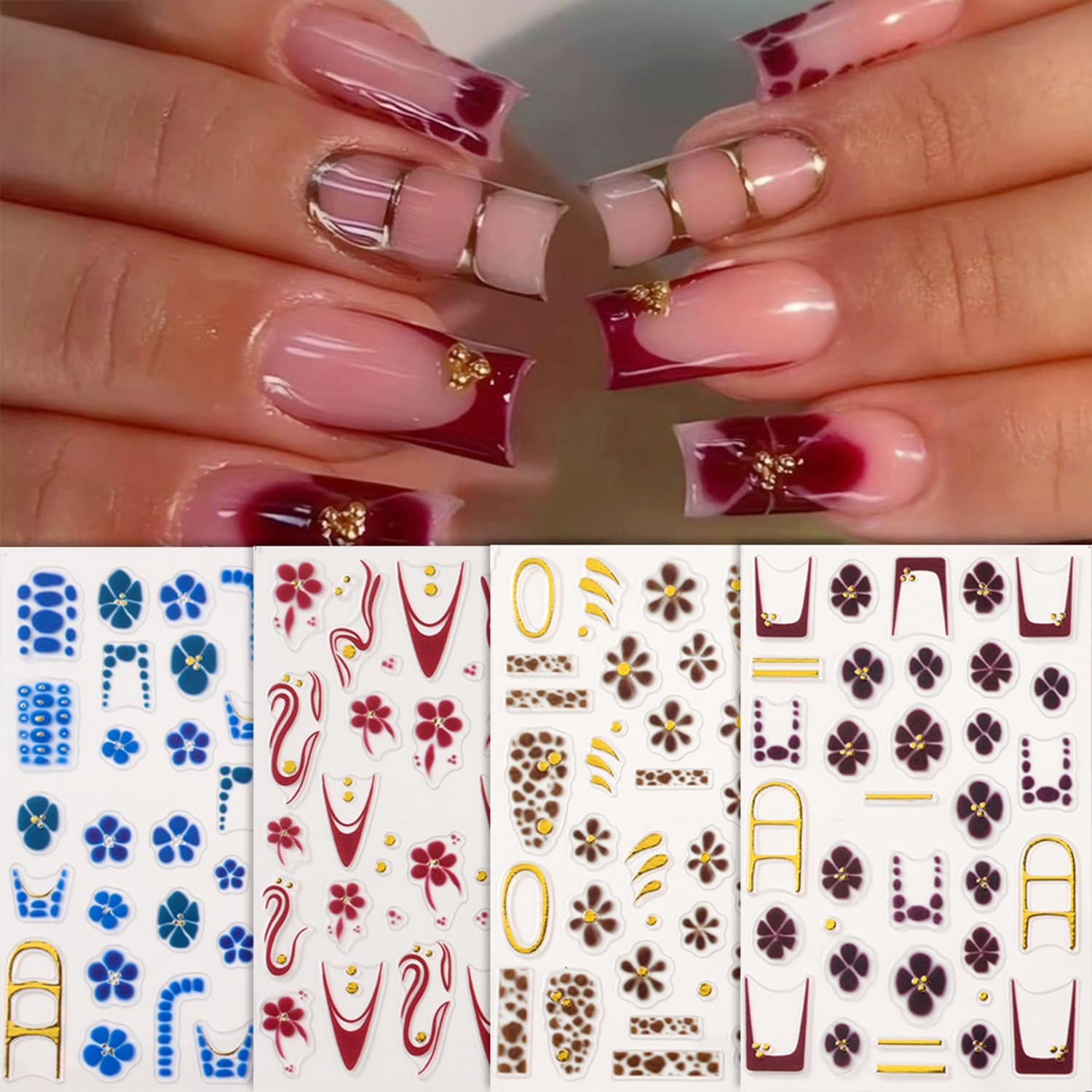5 Sheets Autumn Winter Flower Nail Art Stickers 3D Self-Adhesive Nails Stickers Floral Strawberry Daisy Pattern French Tip Design Wine Red Brown Blue Gold 3D Decals Women DIY Nail Art Decoration-Velvo Beauty