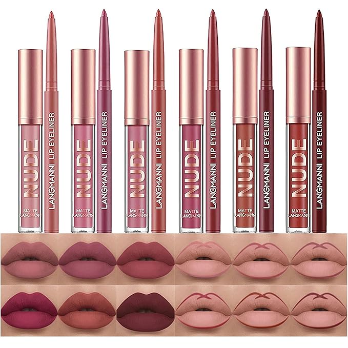 BestLand 12Pcs Matte Liquid Lipstick + Lip Liner Pens Set, One Step Lips Makeup Kits Pigment Velvety Nude Lip Stain Waterproof Long Wear Lip Gloss Make up Gift Set (Set A)-Velvo Beauty