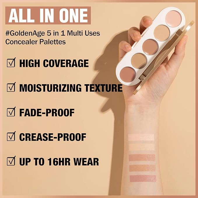 FOCALLURE #GoldenAge 5 in 1 Multi Uses Concealer Palette, 5 Colors Correcting Conceal Palette, Camouflage Contour Palettes for Dark Circles, Face Contouring Highlighter Pallet, 01 LIGHT-MEDIUM-Velvo Beauty