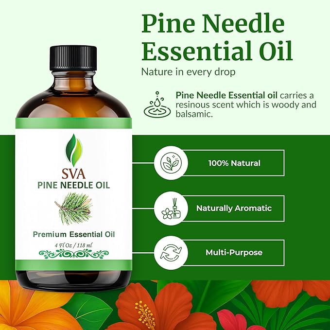 SVA Pine Needle Essential Oil – 4 Fl Oz – 100% Natural Pine Needle Oil - for Diffuser, Hair Care, Face, Skin Care, Aromatherapy, Scalp and Body Massage, Soap and Candle Making – with Dropper-Velvo Beauty