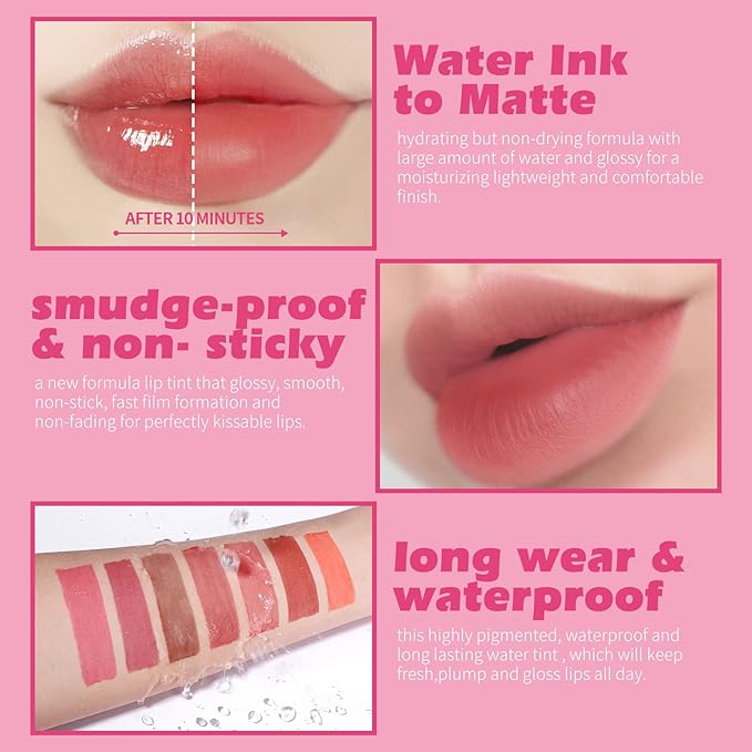 KIMUSE Water Gel Lip Tint 6 Colors Set, Highly Pigmented Long Lasting Moisturizing Glossy Lip Stains, Hydrate Lightweight Lip Gloss Makeup-Velvo Beauty