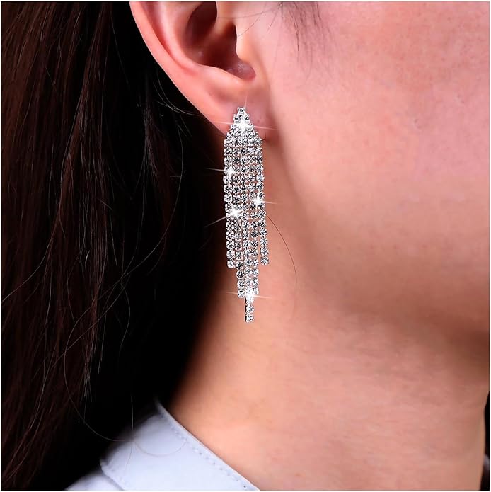 Vintage Rhinestone Chandelier Tassel Earrings Crystal Chain Drop Earrings Gold Long Tennis Chain Earrings Shine Chandelier Bridal Earrings Jewelry for Women-Velvo Beauty