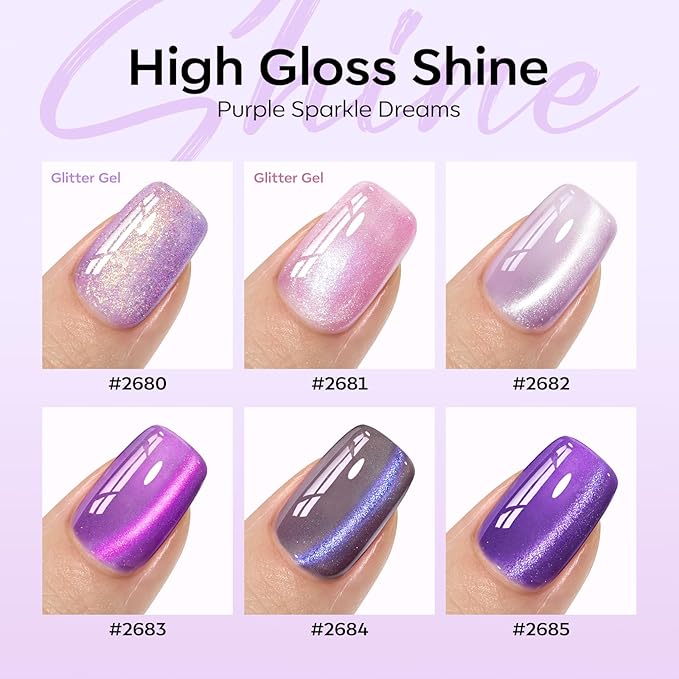 modelones Cat Eye Gel Nail Polish, 6 Colors Purple Pink Glitter Gel Polish Set with Magnet Sparkle Galaxy Series Nail Polish Kit Soak Off Led Nail Art Manicure Salon DIY Gifts-Velvo Beauty