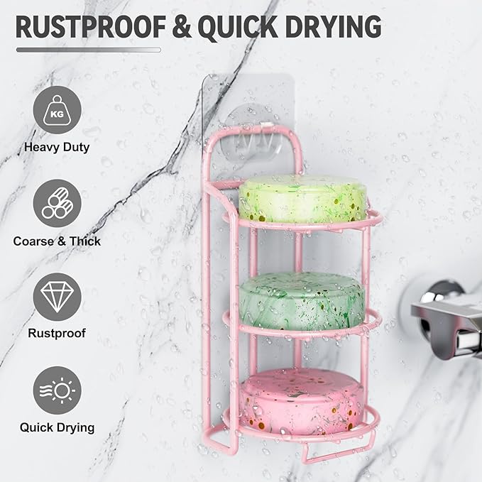 Pink 3-Tier Shower Soap Shampoo Bar Holder, Self Adhesive & Freestanding Draining Soap Dish Caddy for Bathroom Wall Accesories Decor-Velvo Beauty