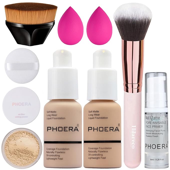 PHOERA Foundation, Full Coverage Foundation, PHOERA Primer, PHOERA Powder, PHOERA Makeup Set, Kabuki Makeup Brushes Foundation Brush Powder Brush,2 Pcs Makeup Sponge (102 Nude + 104 Buff Beige)-Velvo Beauty