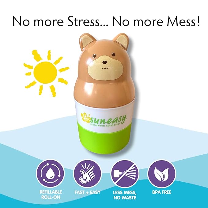 Sun-Easy Sunscreen Applicator, Refillable Roll-On with Sponge for Kids and Babies, Fun, Fast and Mess-Free application, Holds 100 ml, Bear/Green Cap-Velvo Beauty
