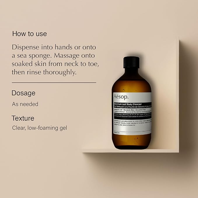 Aesop Geranium Leaf Body Cleanser - Invigorating Gentle Cleansing Gel - Green, Citrus, Fresh - 16.9 fl oz-Velvo Beauty