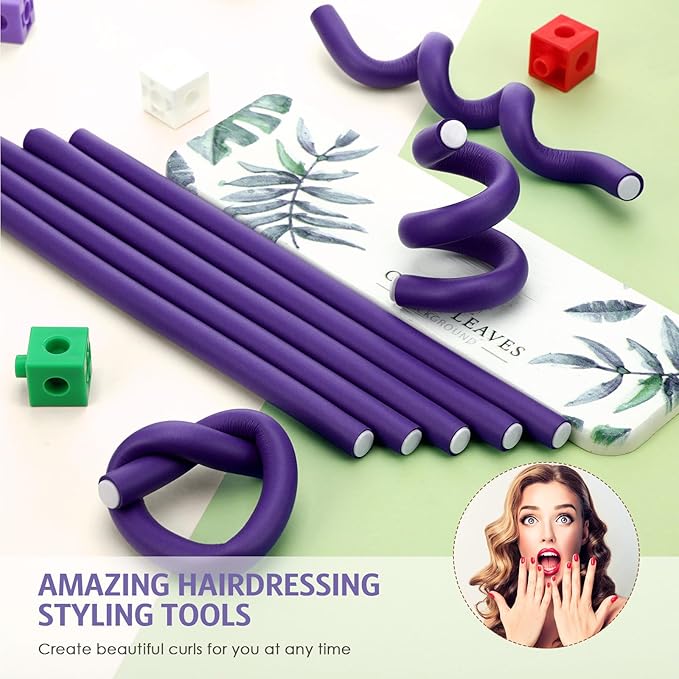 Syhood 30 Pcs 7'' Flexible Curling Rods Twist Foam Hair Rollers Soft Foam No Heat Hair Rods Rollers and 1 Steel Pintail Comb Rat Tail Comb for Women Long Short Hair(Purple,7 x 0.39 Inch)-Velvo Beauty