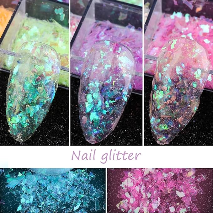 12 Colors Holographic Nail Art Glitter Sequins Iridescent Ice Slag Nail Glitter Laser Nail Art Flakes Colored Fluorescent Glass Paper Nail Sticker Decoration for Face Hand Body Make-Up DIY-Velvo Beauty
