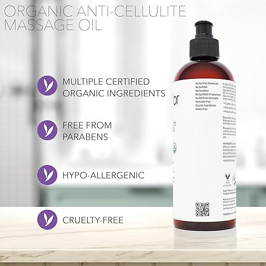 PURA D'OR 16 Oz Organic Anti-Cellulite Massage Oil - Lemon Peel, Moringa, Grape Seed, Grapefruit & Eucalyptus Oils - Skin Firming & Tightening for Active Individuals & Aging Adults-Velvo Beauty