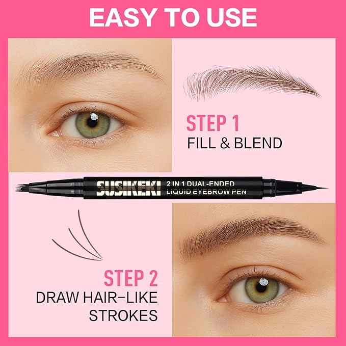 Dual Ended Microblading Eyebrow Pen - 2 in 1 Liquid Eyebrow Pencil with Brow-Fection Angled Brush & Precise Detail Brush-Tip, Shapes & Fills Hair-Like Brows, Lasts All-Day, Black Brown-Velvo Beauty