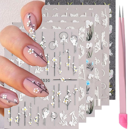 Flower Nail Stickers for Nail Art 5D Embossed Engraved Nails Decals 3D Spring Summer Accessories White Blue Self-Adhesive Nails DIY Design Decoration for Women Girls（6 Sheets-Velvo Beauty
