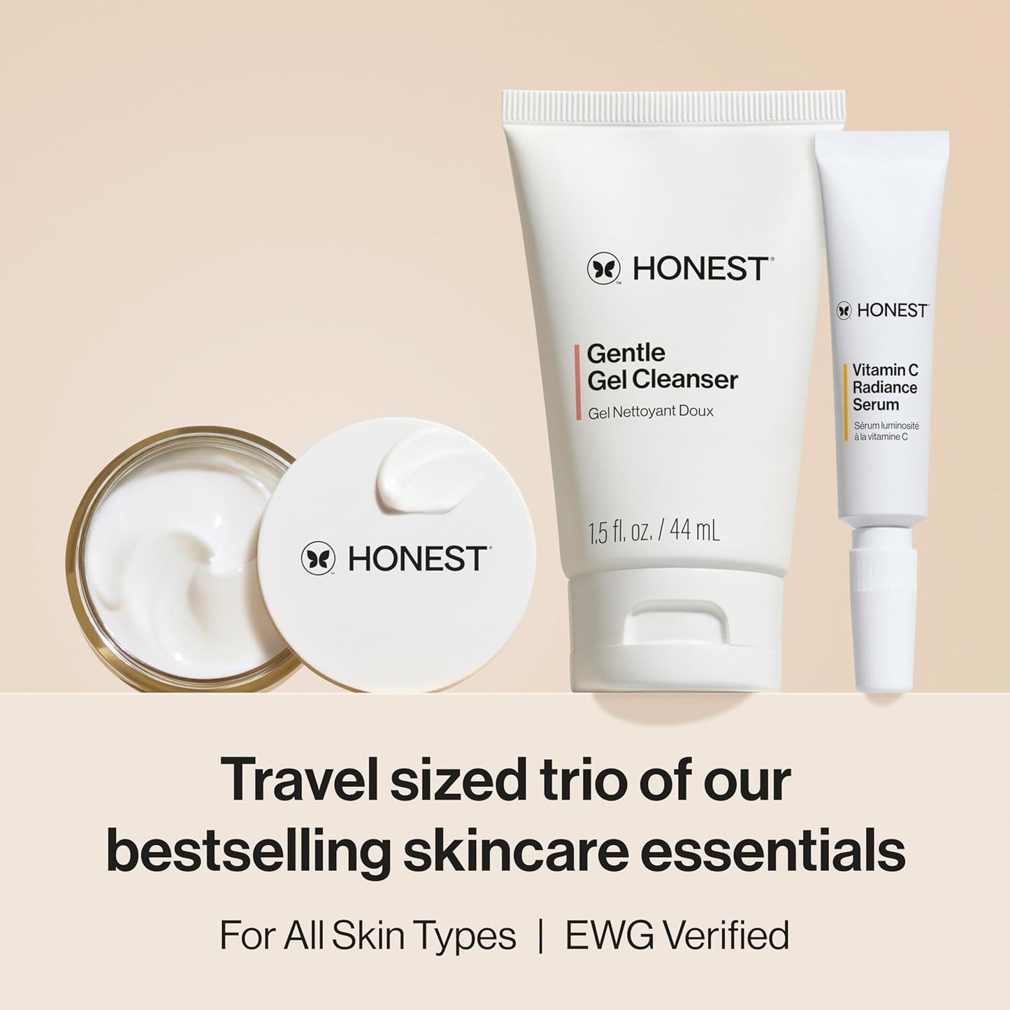 Honest Beauty The Icons Skincare Trio Travel Kit | Mini Hydrogel Cream, Gentle Gel Cleanser, Vitamin C Radiance Serum | Gentle for Sensitive Skin + Vegan-Velvo Beauty