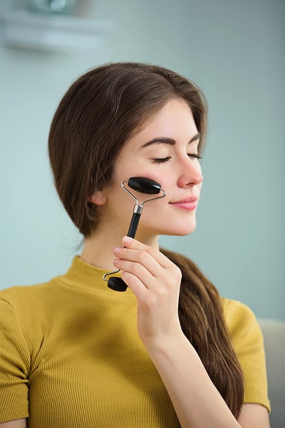 Eye Mask Set (2packs) - Hot and Code Eye Mask and Facial Roller Tools Set 100% Natural Jade Stone Beauty Massage Body Eyes Neck for Dark Circles and Puffiness-Color Black-Velvo Beauty