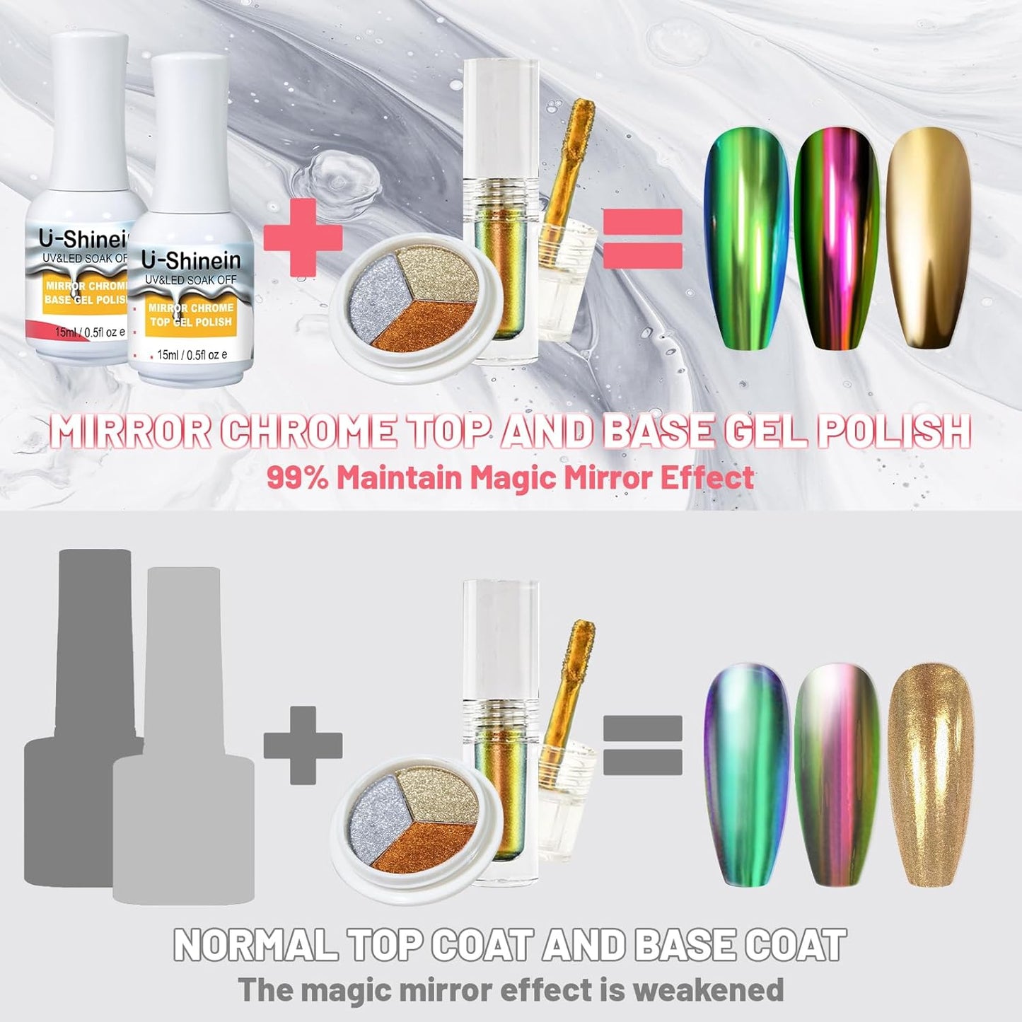 15ml Top Coat and Base Coat Set for Metallic Mirror Painting Gel, No Wipe Clear Top and Base Coat for Nail Polish, Chrome Nail Powder-Velvo Beauty