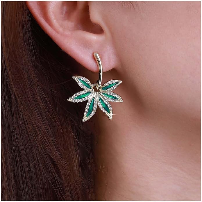 Vintage Emerald Pot Leaf Earrings Green Leaf Drop Earrings Green Marijuana Leaf Earrings Gold Cz Leaf Dangle Earrings Jewelry for Women-Velvo Beauty