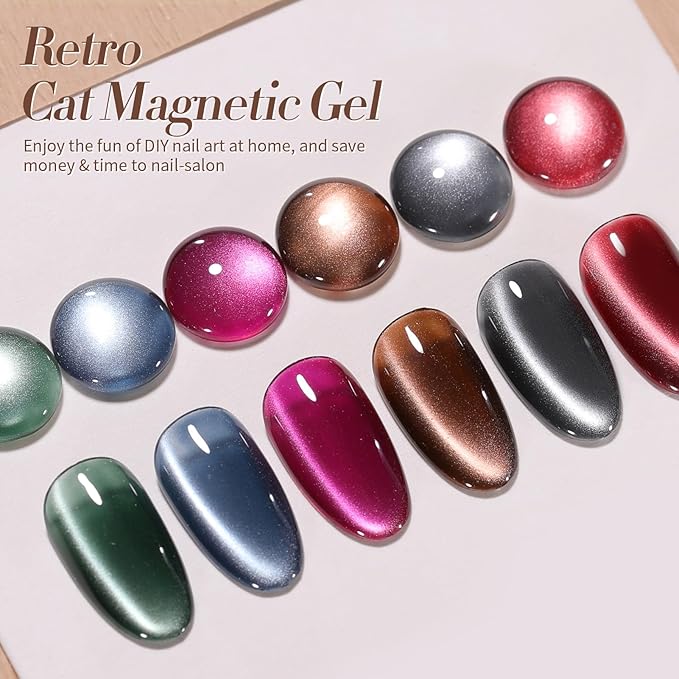 Born Pretty Cat Magnetic Eye Gel Nail Polish, Fall Winter Retro Cat Magnetic Gel, Pink Brown Blue Gray Green Magnetic Soak Off Nail Art Salon Manicure Home Gift 7ML 6PCS-Velvo Beauty