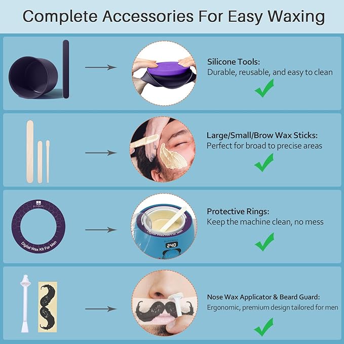 BLITZWAX Back and Nose Waxing Kit for Men, Hard Wax Warmer for Brazilian, Body and Face, At Home Hair Removal Kit, Beginner Friendly, Quick Heating, 93 Accessories, Royal Blue-Velvo Beauty